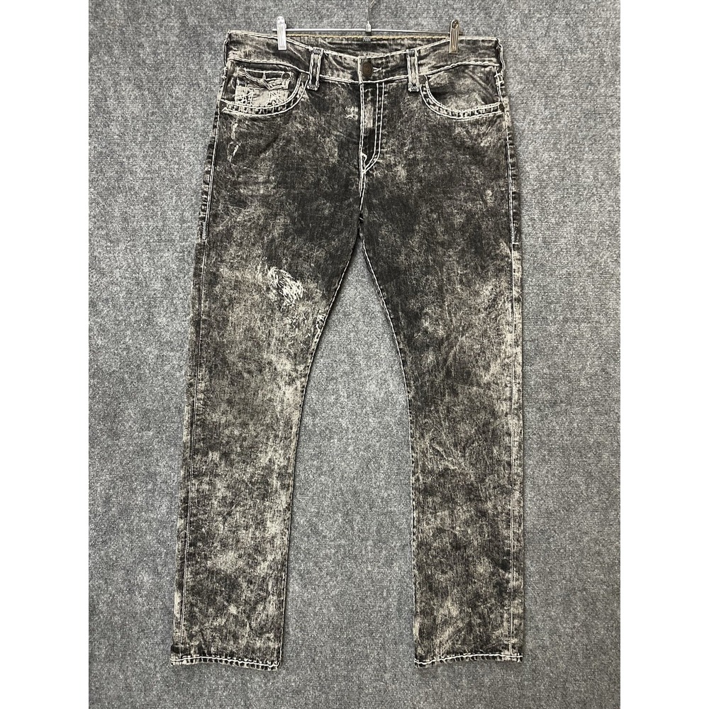 True Religion Ricky Jeans Acid Washed Straight Leg Distressed Black Flap 38x34